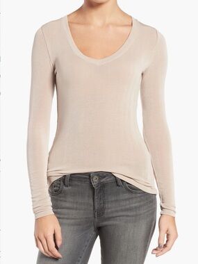 Trouve Sheer Tee Deep V Neck Layering Tan Memoir